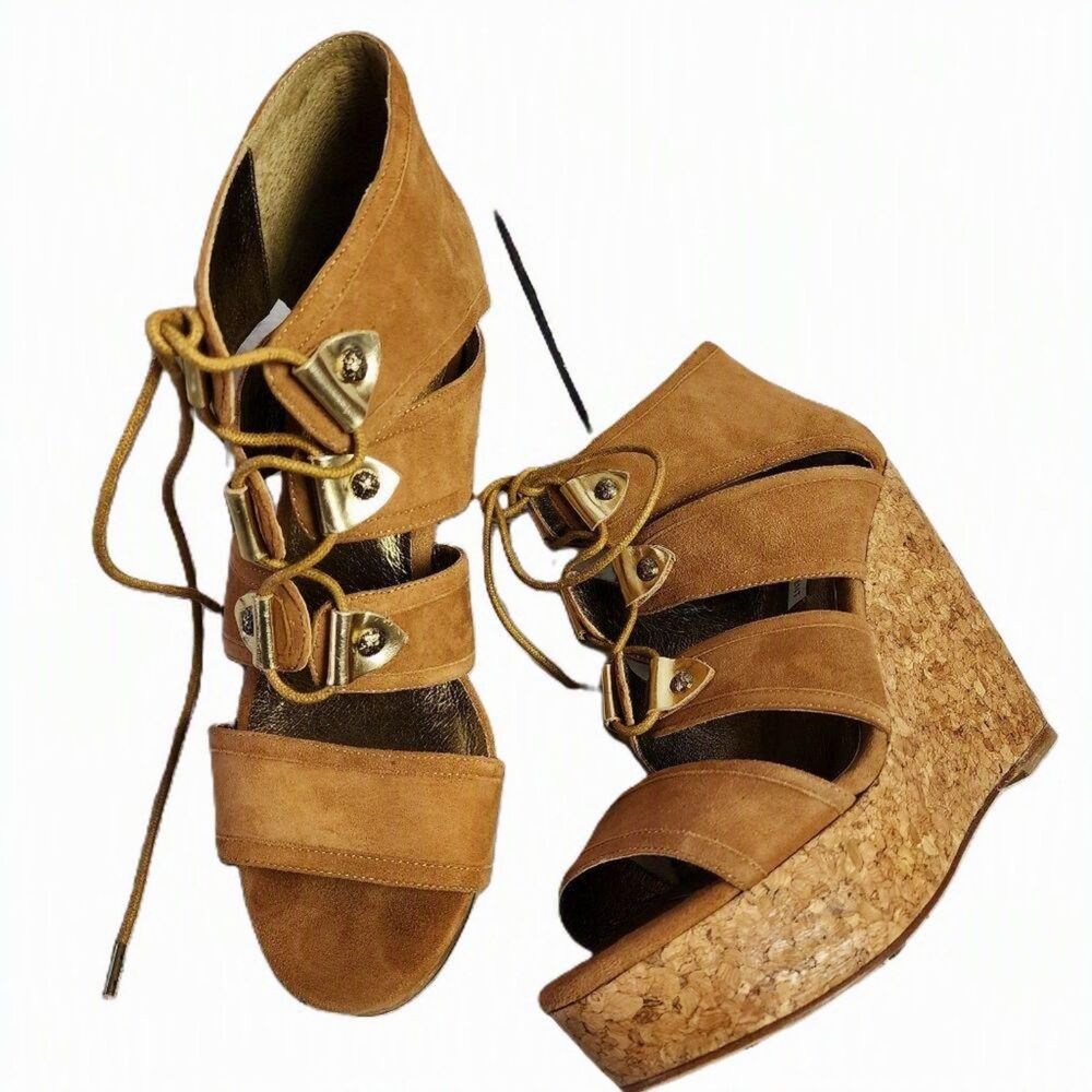 Cynthia Vincent Isa Tan Suede  Gladiator Cork Wedge Sandal  Size 9 NIB